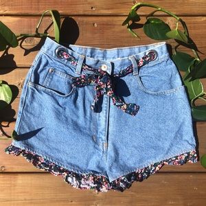 Vintage floral scarf ultra high rise jean shorts original True Blue 26”